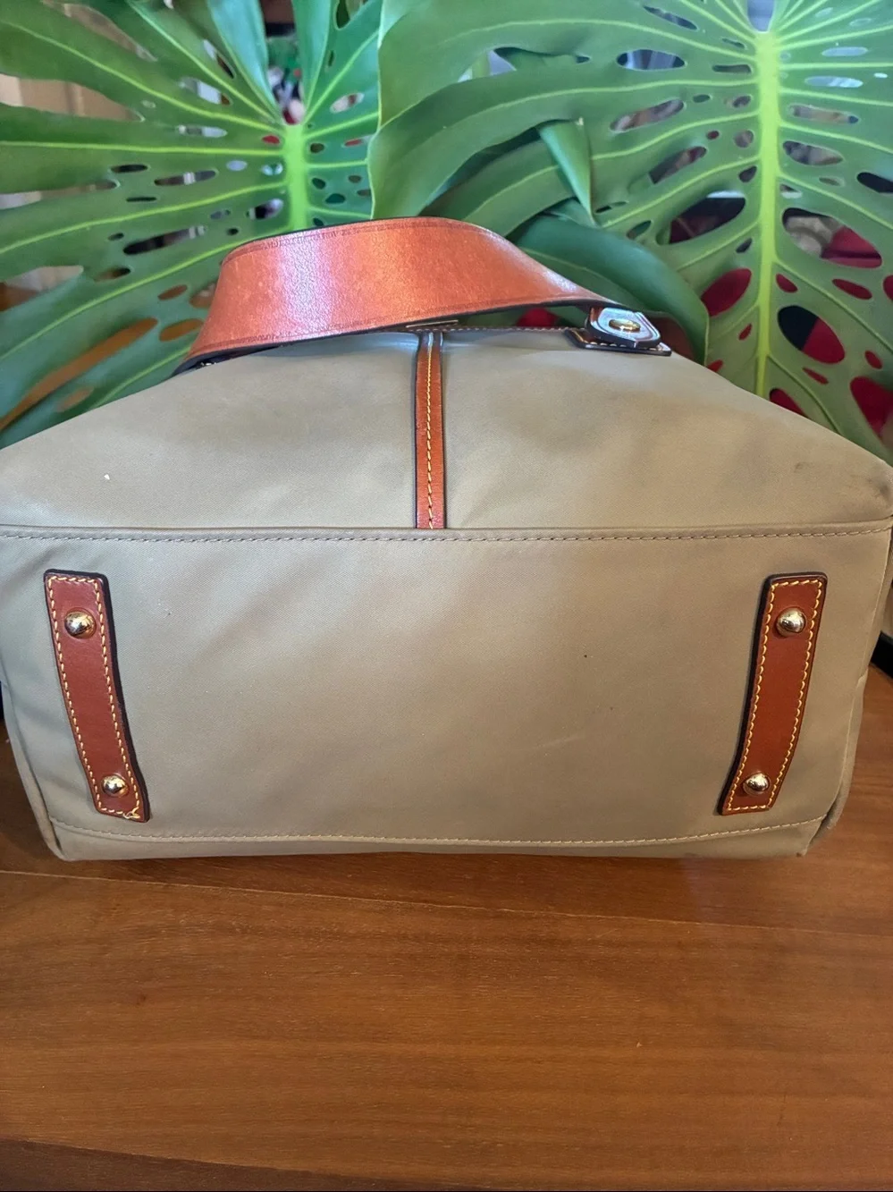 Dooney & Bourke Tan Satchel Nylon⁹ Hobo Bag with Brown Leather Trim